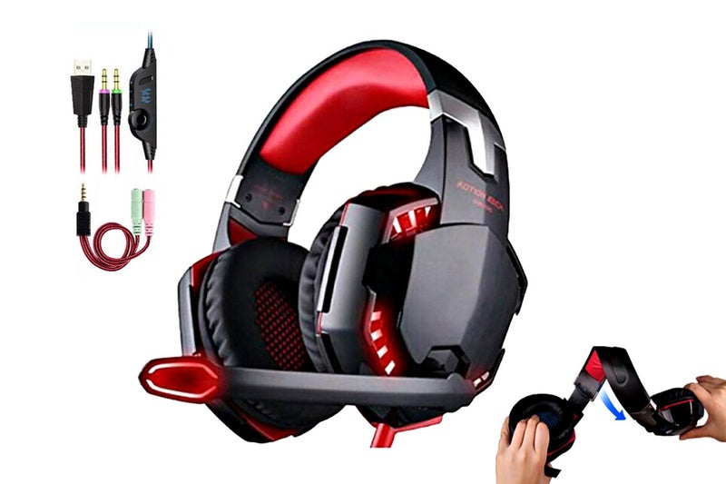 Gaming Bass Surround Over Ear Headphones with LED Lights for PC Mac Laptop-Red Carousel 1