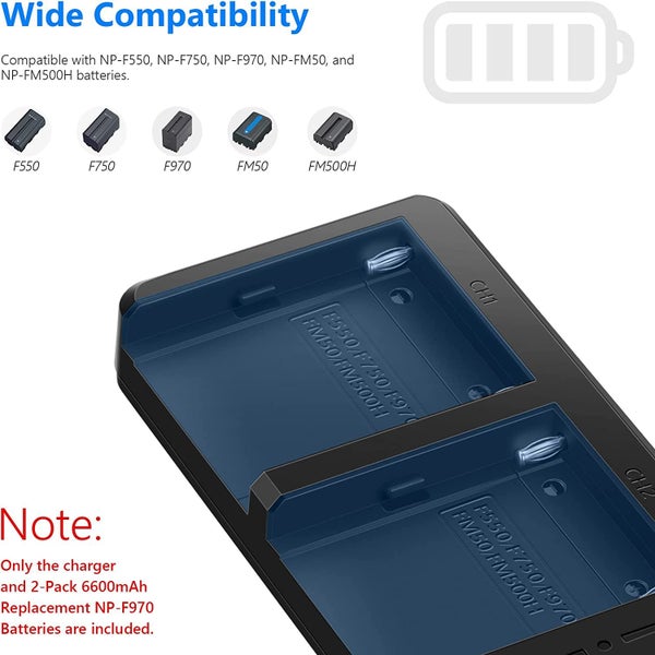 Neewer Fast Charger Dual USB with 2-Pack 6600mAh Replacement NP-F970 Batteries Carousel 2