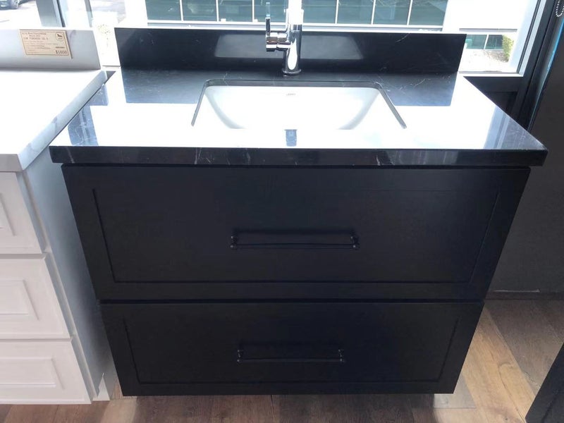 Solid Wood 900mm Freestanding Black Vanity with Black Marble Bench Top Carousel 1