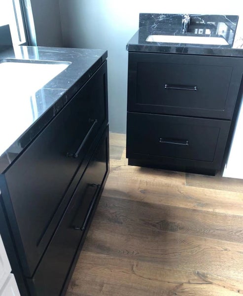 Solid Wood 900mm Freestanding Black Vanity with Black Marble Bench Top Carousel 2