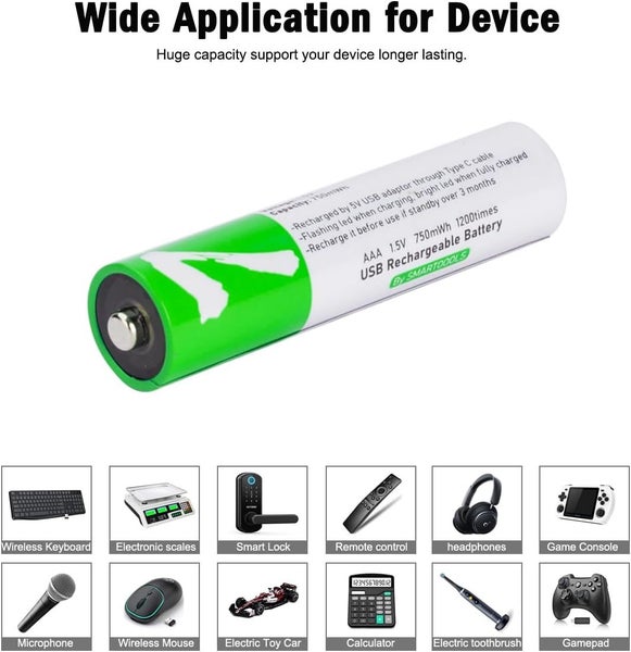 [4 Pack] USB AAA Lithium ion Rechargeable Battery, 1.5V 750mWh Rechargeable A... Carousel 2