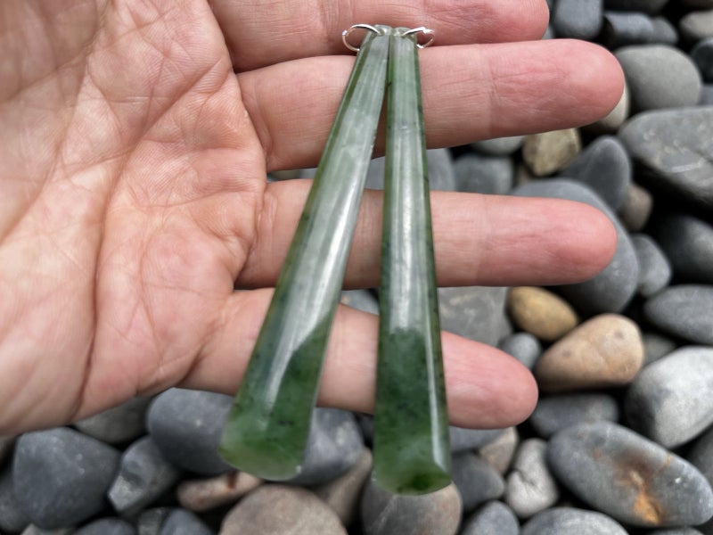Greenstone Nephrite Extra Long 80mm Earrings Toki Sterling Silver Hook Carousel 1