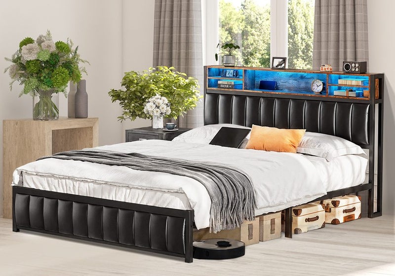 Double Size Bed Frame Bedroom Furniture Mattress Base Upholstered PU Metal RGB Carousel 1