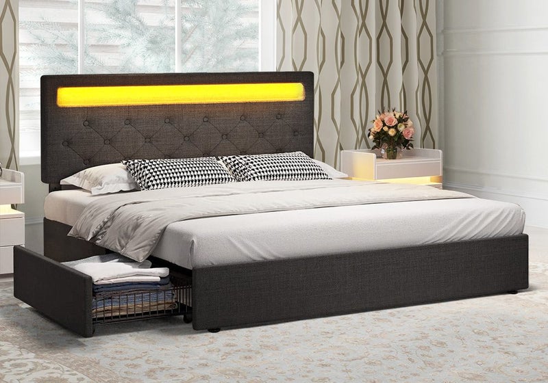 Double Size Bed Frame Base LED Bedroom Furniture Mattress Upholstered Platform Carousel 1