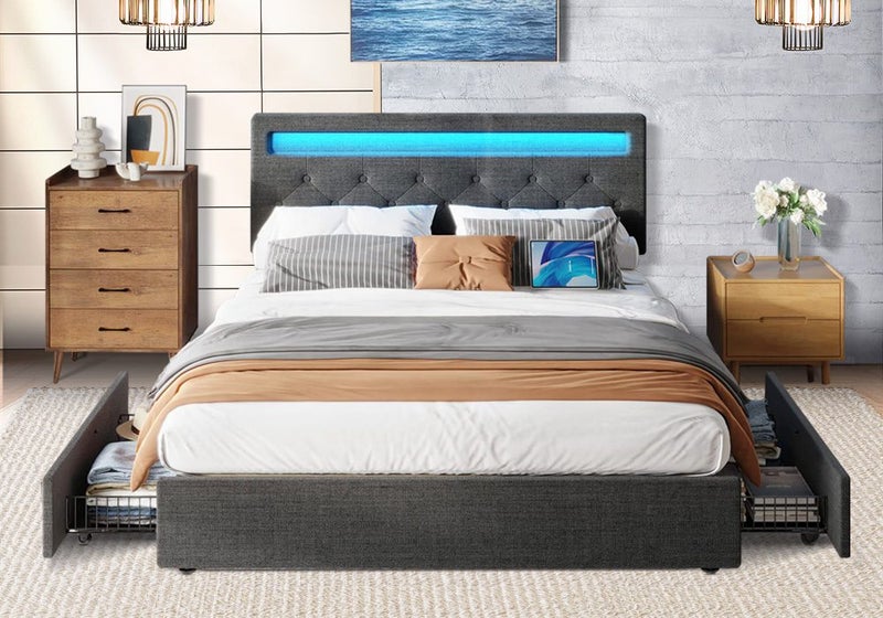 Double Size Bed Frame Base LED Bedroom Furniture Mattress Upholstered Platform Carousel 2