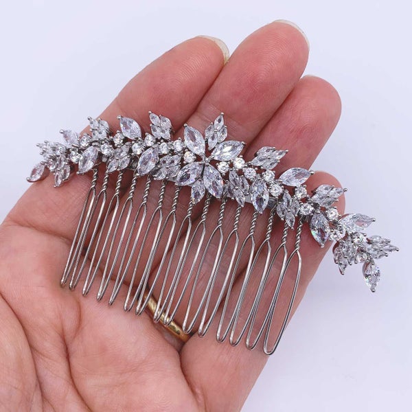 Silver Bridal or Evening Hair Comb with CZ Diamonds "Kendall" Carousel 2