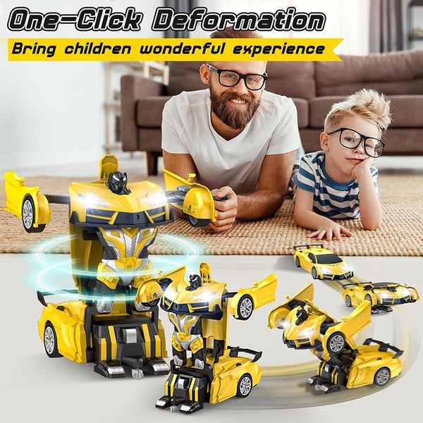 Rechargeable Remote Control Transforming Race Car Toy for Kids One-Button Yellow Carousel 2
