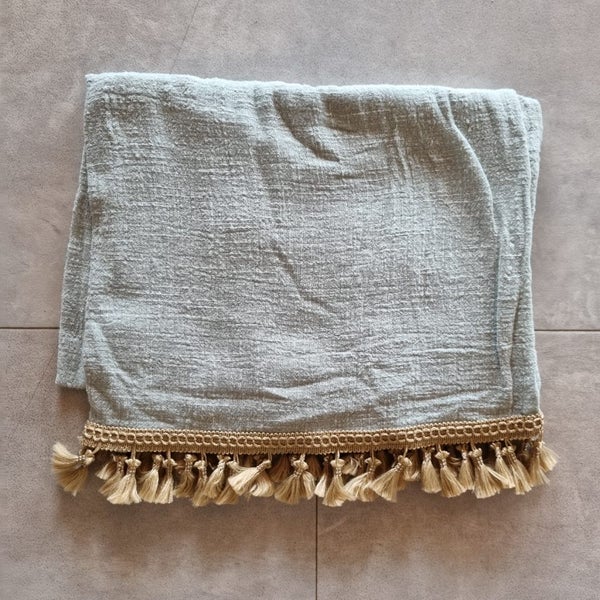 Babies Duck egg blue and gold swaddling wrap shawl with tassels Carousel 1