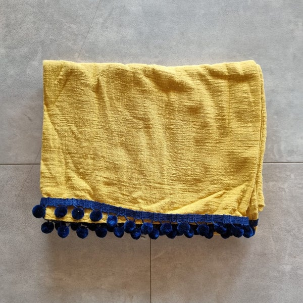 Babies yellow and blue swaddling wrap blanket shawl with pompoms Carousel 1
