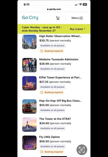 4 x Go city Las Vegas 2 day passes Carousel 2