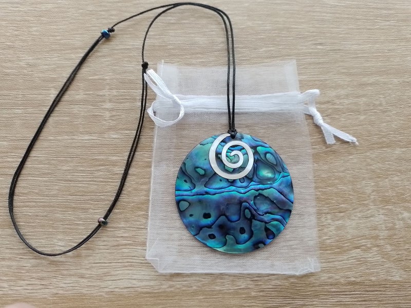 Handcrafted Paua Necklace • White Mother-of-Pearl Koru • FREE Gift Bag • NZ Made Carousel 2