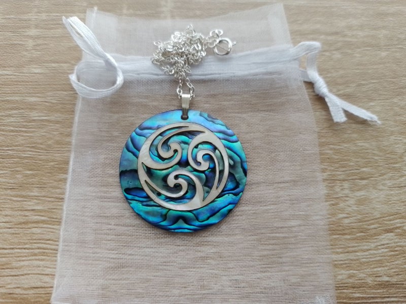 Handcrafted Paua Necklace • White Mother-of-Pearl Koru Wave • FREE Gift Bag Carousel 1