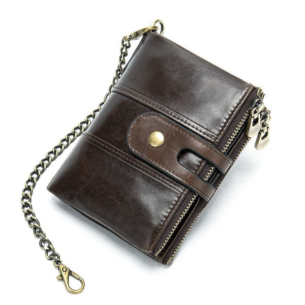 Genuine Leather RFID Bi-Fold Wallet With Metal Chain TC599 | TOUCHANDCATCH NZ Carousel 1