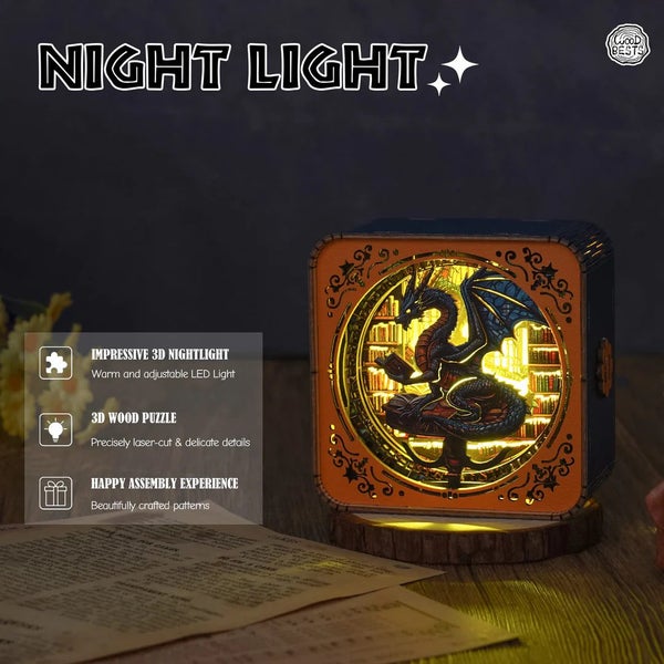 Woodbests - Library Dragon Kit - 3D Wooden Puzzle Night Light Carousel 8