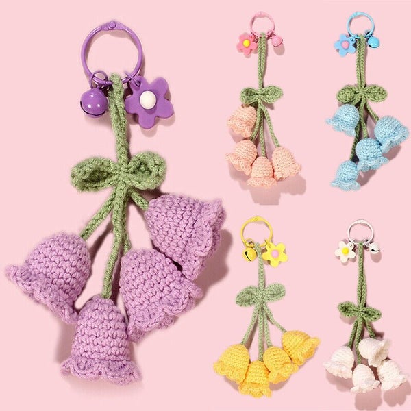 Womens Crochet Bell Orchid Keychain With Bell Knitted Keyrings Bag Pendant Decor Carousel 1