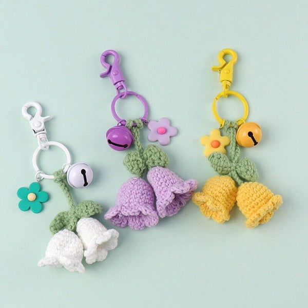 Womens Crochet Bell Orchid Keychain With Bell Knitted Keyrings Bag Pendant Decor Carousel 2