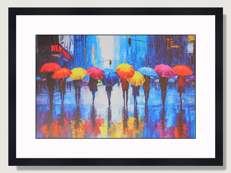 Walking in the Rain with Colourful Umbrellas Framed Canvas Carousel 1