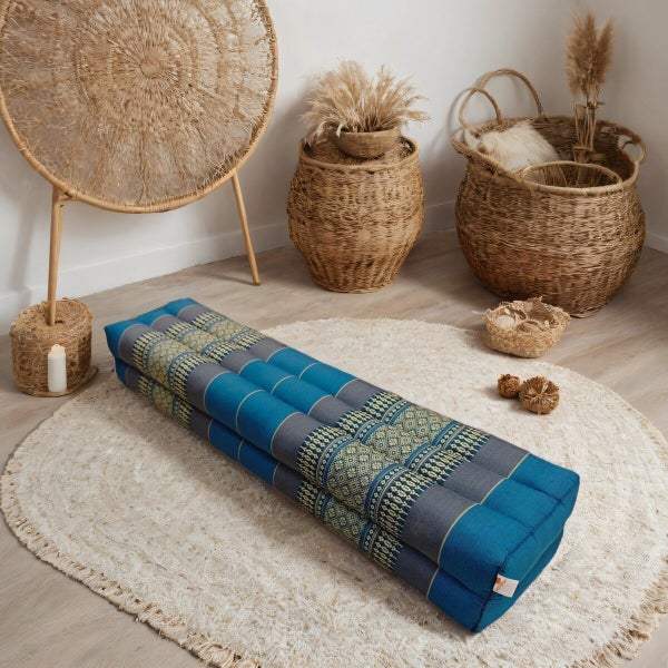 [[MANGO TREES] 80cm Long Bolster Yoga Block/Prop Natural Kapok Filled Blue Carousel 1