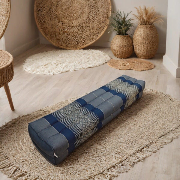 [[MANGO TREES] 80cm Long Bolster Yoga Block/Prop Natural Kapok Filled Grey/Blue Carousel 8