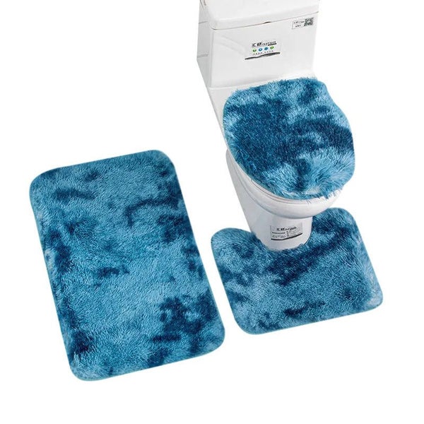 Bath Mat Set 3Pc Dye Blue Bathroom Silk Tie Non Slip Rug Toilet Covers Bath Mats Carousel 1