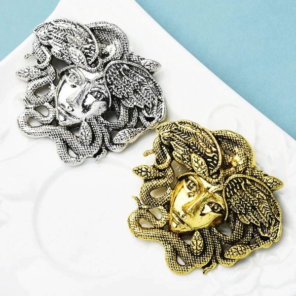 Vintage Medusa Brooch Greek Mythology Snake Figure Pin 2 Colours Carousel 5