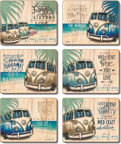 Cinnamon Vintage Kombi Cork Backed Drink Coasters Set 6 Carousel 1