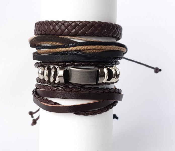 Leather Bracelet Set of 4 - Brown with Rope, Cord & Weave Carousel 1