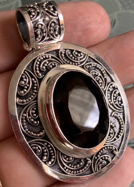 Sterling silver large smokey quartz pendant birthstone for Capricorn (November) Carousel 1