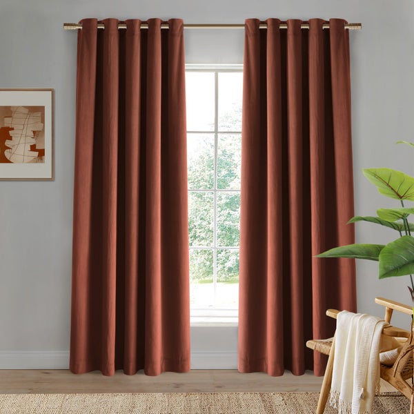 Cadence & Co Byron Matte Velvet 100% Blockout Eyelet Curtains Rust 135x223cm Carousel 1