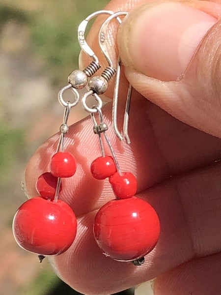 Beautiful Red Bead Earrings W/ Sterling Silver Hooks - 733 Carousel 2
