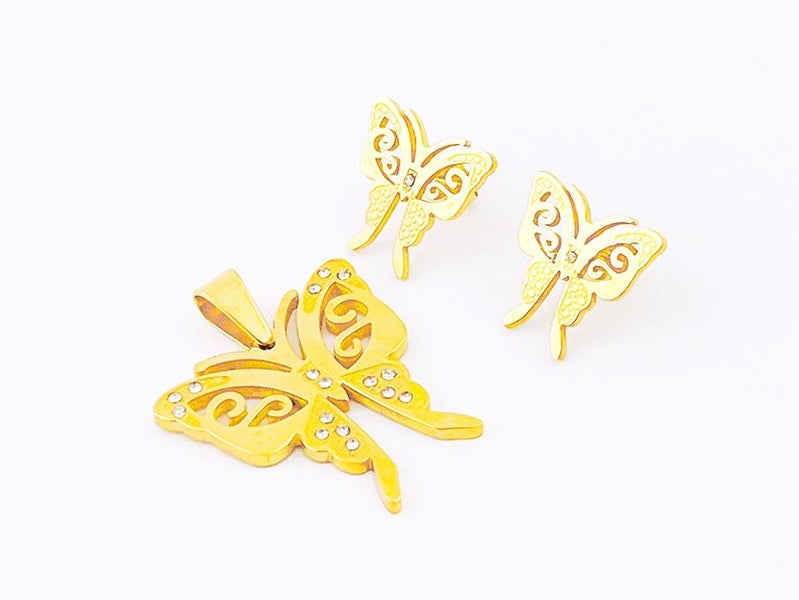 Gold Plated Butterfly Zircon Inlaid Titanium Steel Earrings Pendant Set Carousel 1