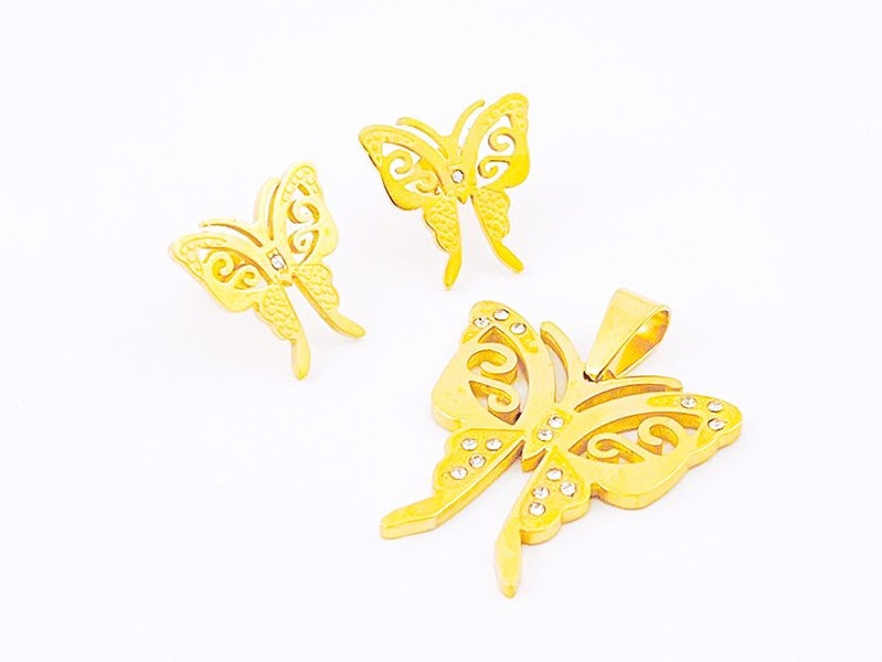 Gold Plated Butterfly Zircon Inlaid Titanium Steel Earrings Pendant Set Carousel 2