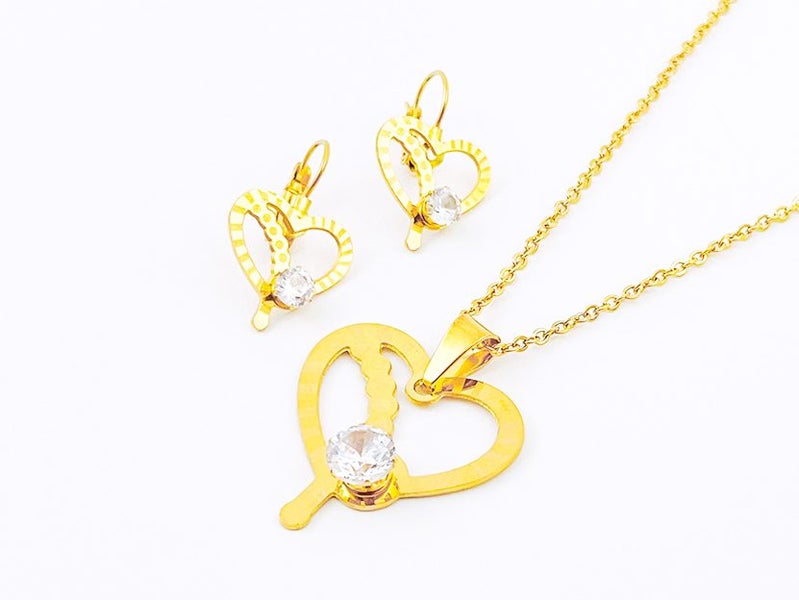 Gold-Plated Titanium Steel Zircon Heart Earrings & Necklace Set Carousel 2