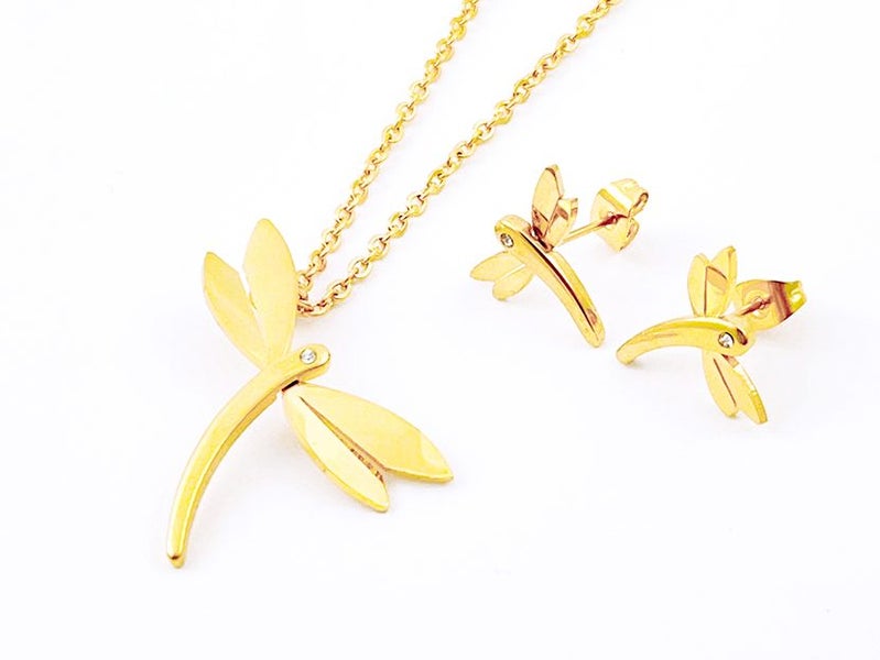 Gold Plated Dragonfly Zircon Earrings Necklace Set Carousel 1