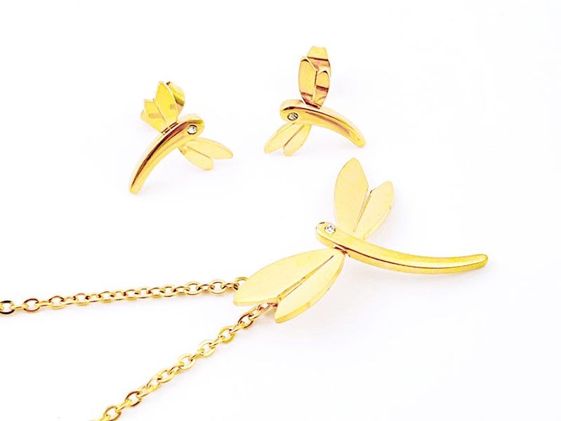 Gold Plated Dragonfly Zircon Earrings Necklace Set Carousel 2