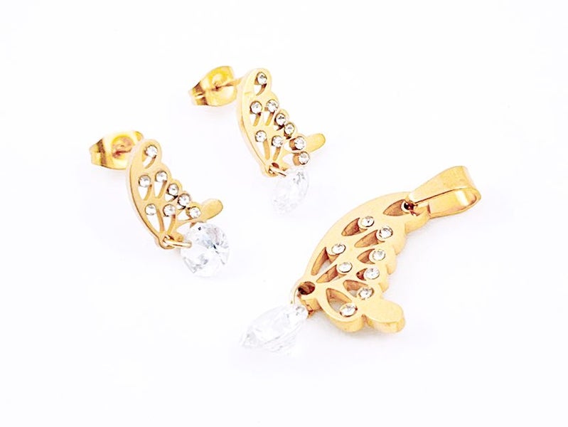 Zircon-Embedded Gold Plated Wing Earrings Pendant Set Carousel 1