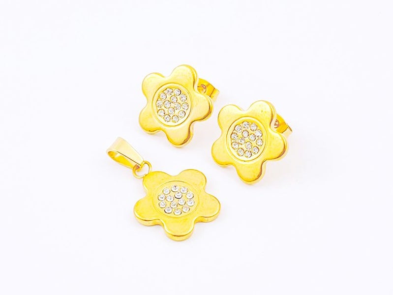 Flower Titanium Steel, Zircon Gold-Plated Earrings & Pendant Carousel 1
