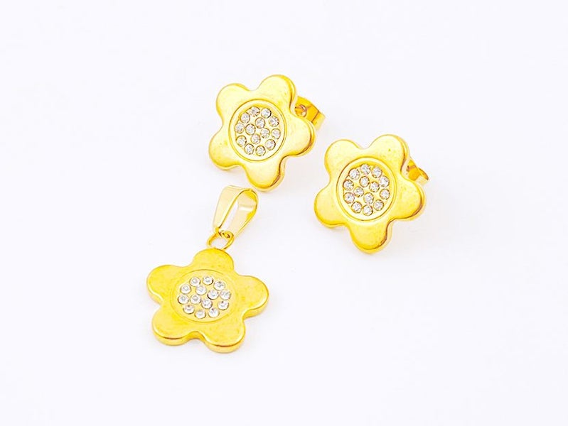 Flower Titanium Steel, Zircon Gold-Plated Earrings & Pendant Carousel 2
