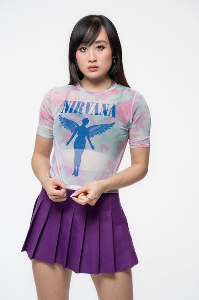 Nirvana Mesh Crop Top T Shirt Angelic Blue Mono Logo new Official Womens White Carousel 3