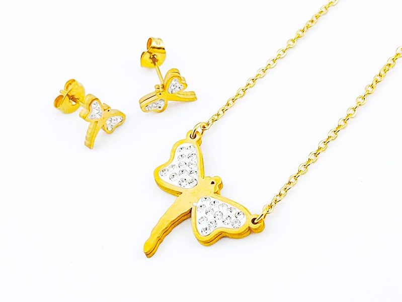 Gold-Plated Zircon Dragonfly Earrings and Necklace Set Carousel 1