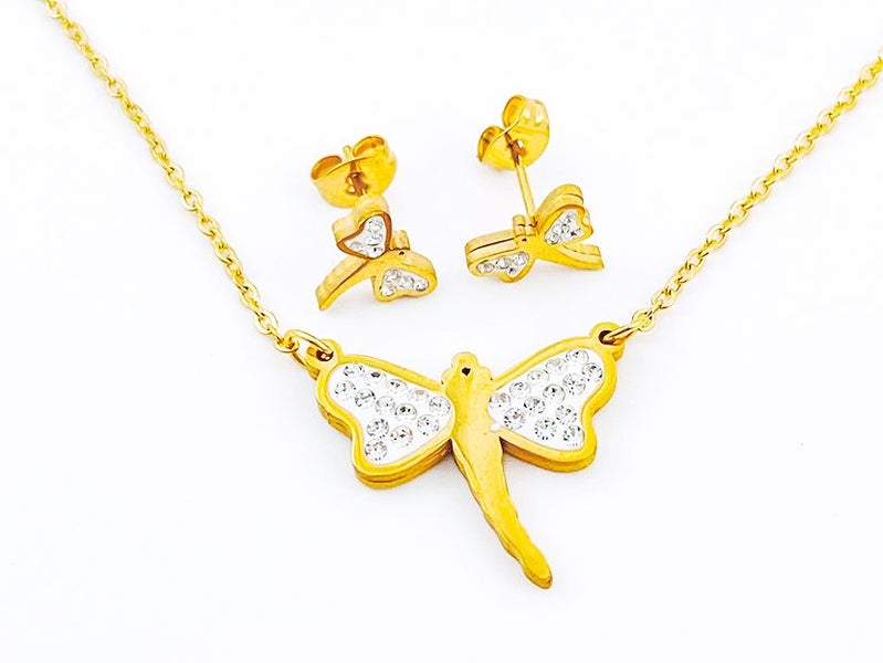 Gold-Plated Zircon Dragonfly Earrings and Necklace Set Carousel 2