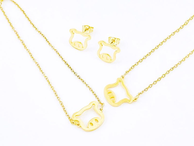 Cute Piggy Gold-Plated Pig Earrings and Necklace Set Carousel 1