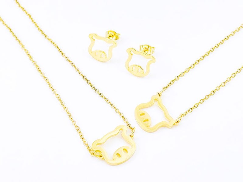 Cute Piggy Gold-Plated Pig Earrings and Necklace Set Carousel 2