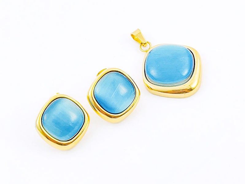 Blue Cat's Eye Stone Titanium Steel Earrings & Pendant Carousel 2