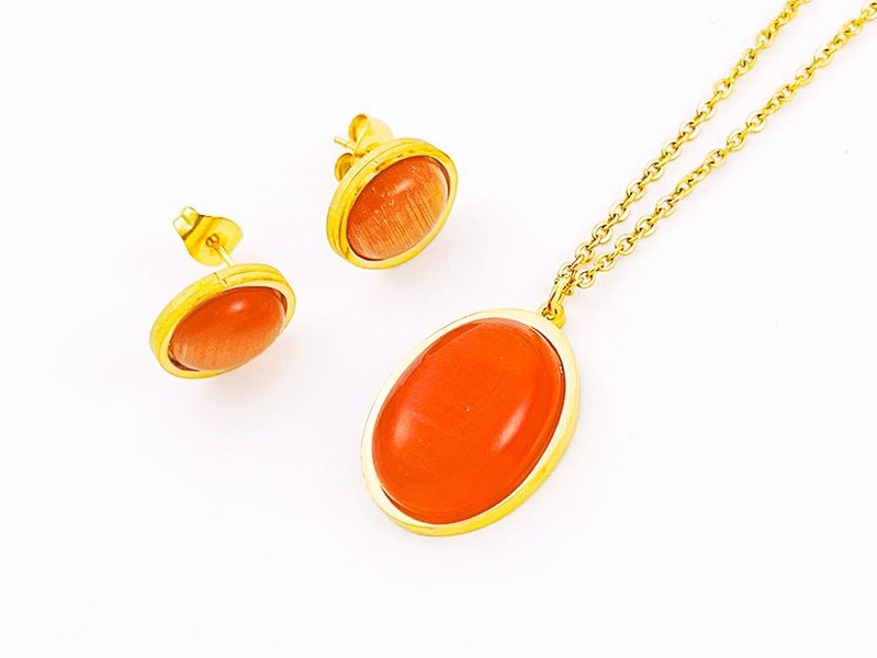 Blue Cat's Eye Stone Titanium Steel Earrings & Pendant Carousel 1