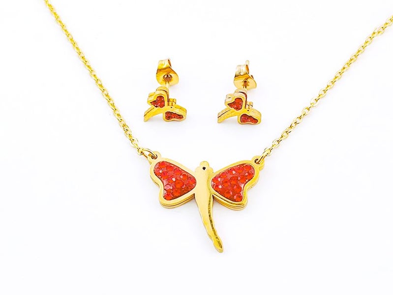 Gold-Plated Zircon Dragonfly Earrings and Necklace Set Carousel 2