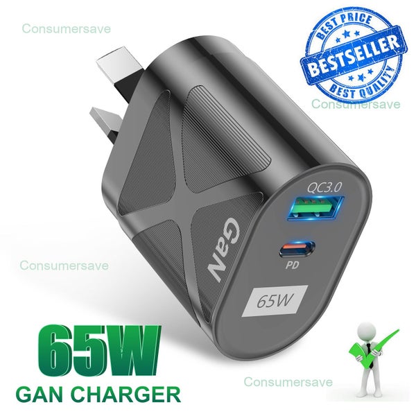 65W Gan Charger PD Type-C / Fast Charger QC 3.0 USB for Samsung iPhone ETC BLACK Carousel 1
