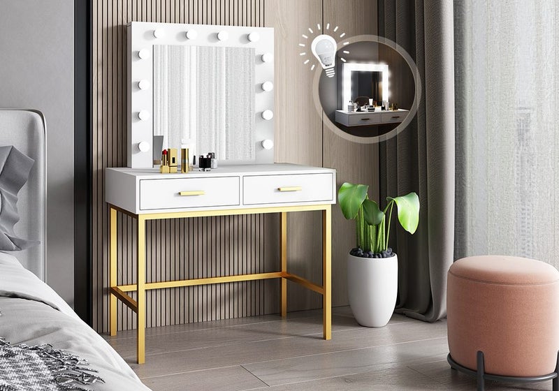 Dressing Table Mirror Dresser Vanity Makeup Drawer Table w/12 LED Lights White Carousel 2