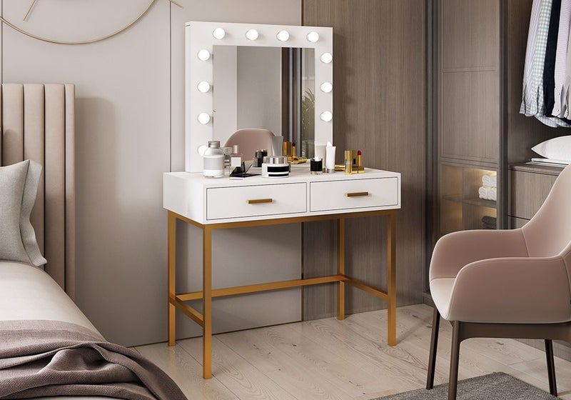 Dressing Table Mirror Dresser Vanity Makeup Drawer Table w/12 LED Lights White Carousel 1