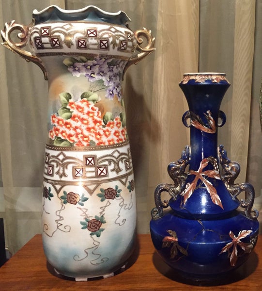 RARE PAIR of ART NOUVEAU VASES: EDWARDIAN NORITAKE & Late VICTORIAN EUROPEAN Carousel 1